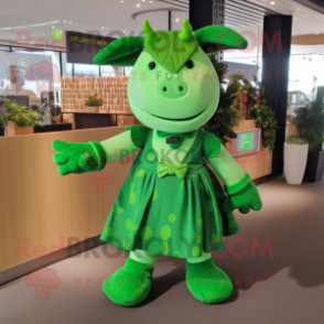 Green Cow mascot costume character dressed with a Pleated Skirt and Belts