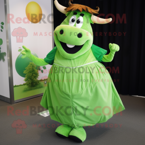 Green Cow mascot costume character dressed with a Pleated Skirt and Belts