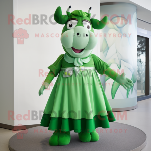 Green Cow mascot costume character dressed with a Pleated Skirt and Belts