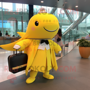 Yellow Humpback Whale mascot costume character dressed with a Wrap Dress and Briefcases