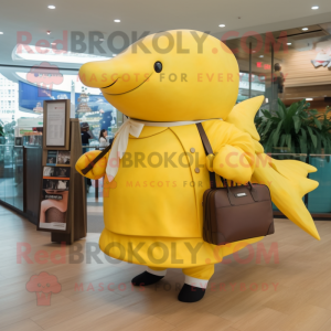 Yellow Humpback Whale mascot costume character dressed with a Wrap Dress and Briefcases