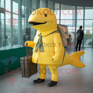 Yellow Humpback Whale mascot costume character dressed with a Wrap Dress and Briefcases