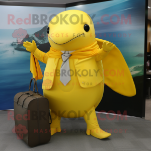 Yellow Humpback Whale mascot costume character dressed with a Wrap Dress and Briefcases