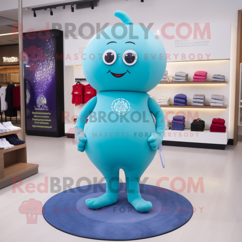 Cyan Cherry mascot costume character dressed with a Yoga Pants and Brooches Cyan Cherry mascot costume character dressed with a Yoga Pants and Brooches