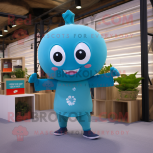 Cyan Cherry mascot costume character dressed with a Yoga Pants and Brooches