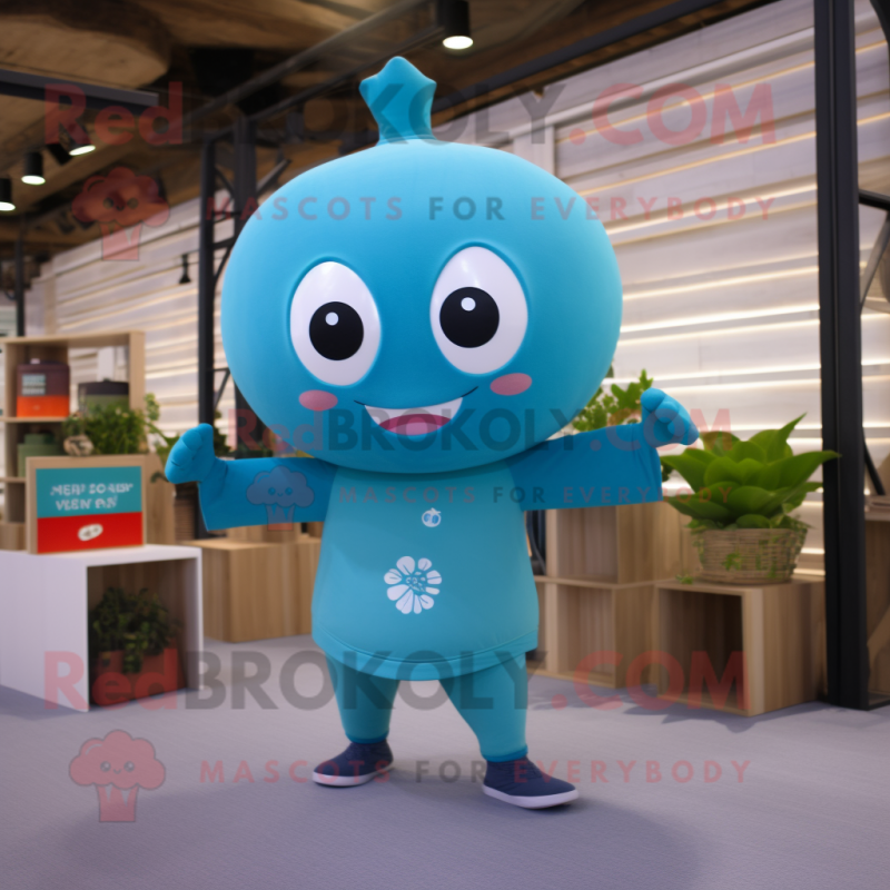 Cyan Cherry mascot costume character dressed with a Yoga Pants and Brooches