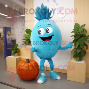 Cyan Cherry mascot costume character dressed with a Yoga Pants and Brooches