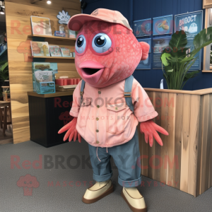 Pink Fish And Chips mascot costume character dressed with a Denim Shorts and Cummerbunds