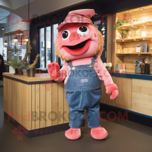 Pink Fish And Chips mascot costume character dressed with a Denim Shorts and Cummerbunds