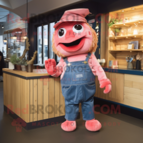 Pink Fish And Chips mascot costume character dressed with a Denim Shorts and Cummerbunds