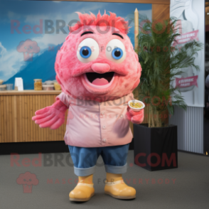 Pink Fish And Chips mascot costume character dressed with a Denim Shorts and Cummerbunds