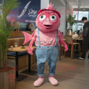 Pink Fish And Chips mascot costume character dressed with a Denim Shorts and Cummerbunds