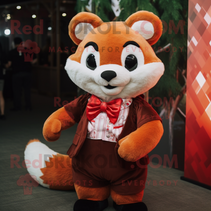 Rust Red Panda mascot costume character dressed with a Sheath Dress and Bow ties Rust Red Panda mascot costume character dressed with a Sheath Dress and Bow ties