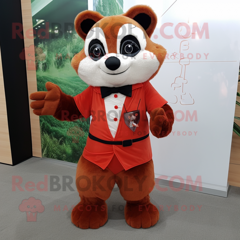 Rust Red Panda mascot costume character dressed with a Sheath Dress and Bow ties Rust Red Panda mascot costume character dressed with a Sheath Dress and Bow ties