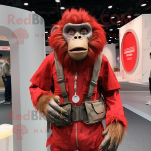 Red Baboon mascot costume character dressed with a Vest and Belts