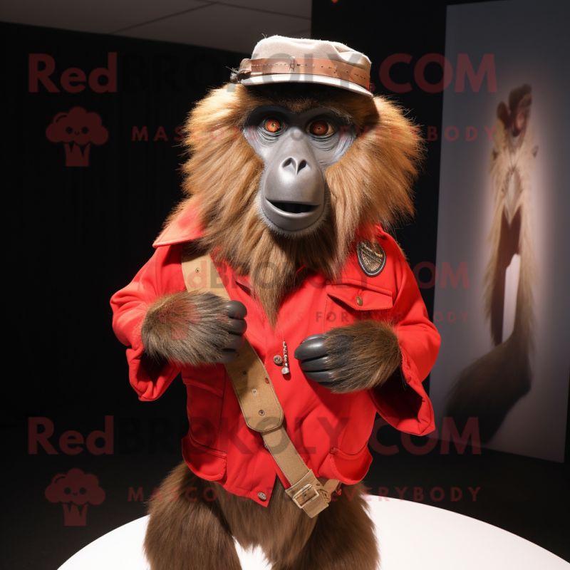 Red Baboon mascot costume character dressed with a Vest and Belts