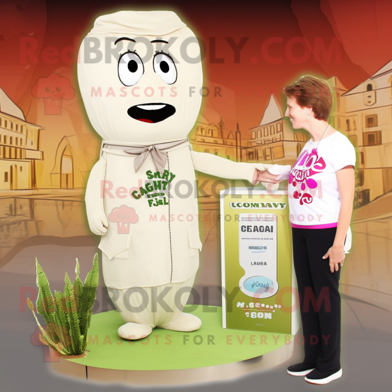 Beige Celery mascot costume character dressed with a Mom Jeans and Necklaces Beige Celery mascot costume character dressed with a Mom Jeans and Necklaces