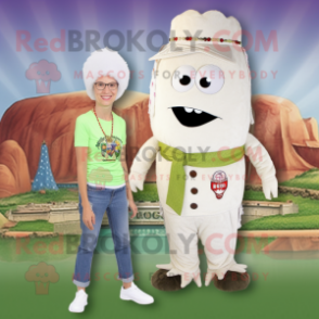 Beige Celery mascot costume character dressed with a Mom Jeans and Necklaces