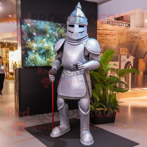 Silver Medieval Knight mascot costume character dressed with a T-Shirt and Caps