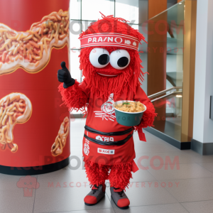 Red Ramen mascot costume character dressed with a Graphic Tee and Anklets