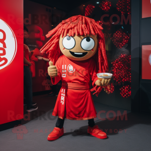 Red Ramen mascot costume character dressed with a Graphic Tee and Anklets