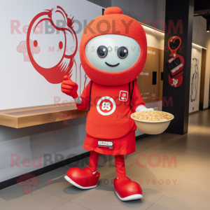 Red Ramen mascot costume character dressed with a Graphic Tee and Anklets