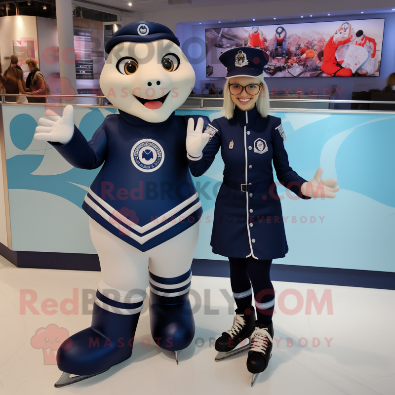 Navy Pair Of Ice Skates mascot costume character dressed with a Midi Dress and Rings