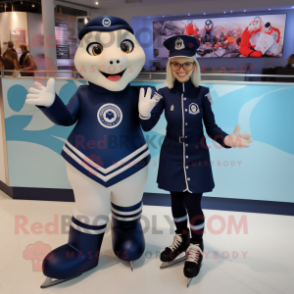 Navy Pair Of Ice Skates mascot costume character dressed with a Midi Dress and Rings