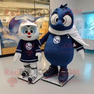Navy Pair Of Ice Skates mascot costume character dressed with a Midi Dress and Rings