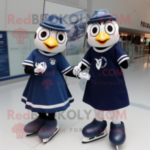 Navy Pair Of Ice Skates mascot costume character dressed with a Midi Dress and Rings