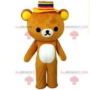 Bear mascot with a colorful hat, teddy bear costume -