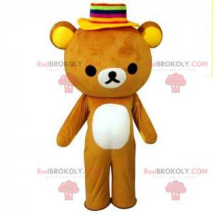 Mascote do urso com chapéu colorido e fantasia de urso de
