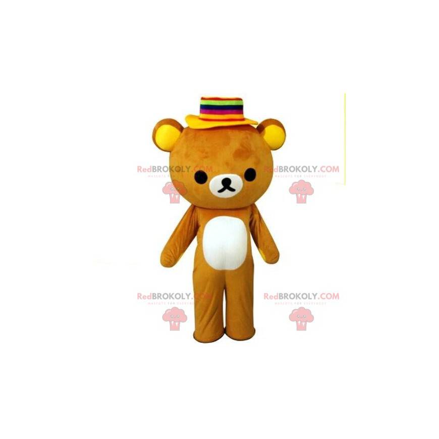 Bear mascot with a colorful hat, teddy bear costume -