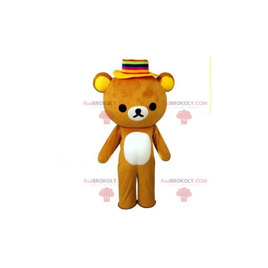 Bear mascotte met een kleurrijke hoed, teddybeer kostuum -