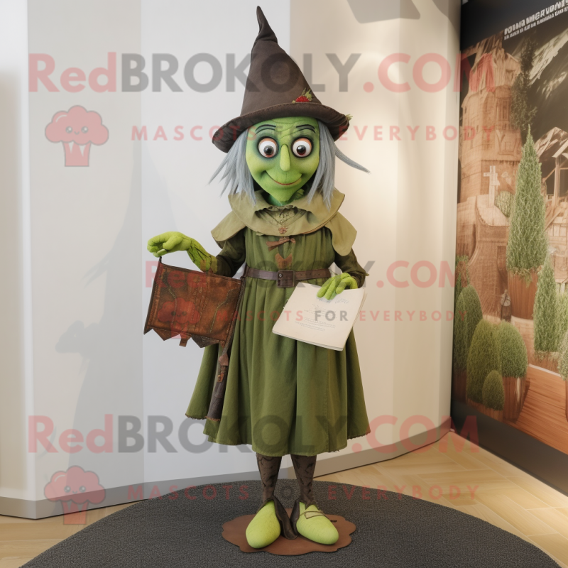 Olive Witch mascot costume character dressed with a Sheath Dress and Berets