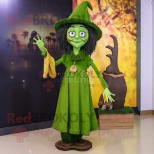 Olive Witch mascot costume character dressed with a Sheath Dress and Berets