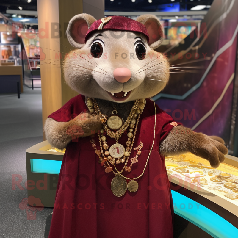 Maroon Rat mascot costume character dressed with a A-Line Skirt and Necklaces