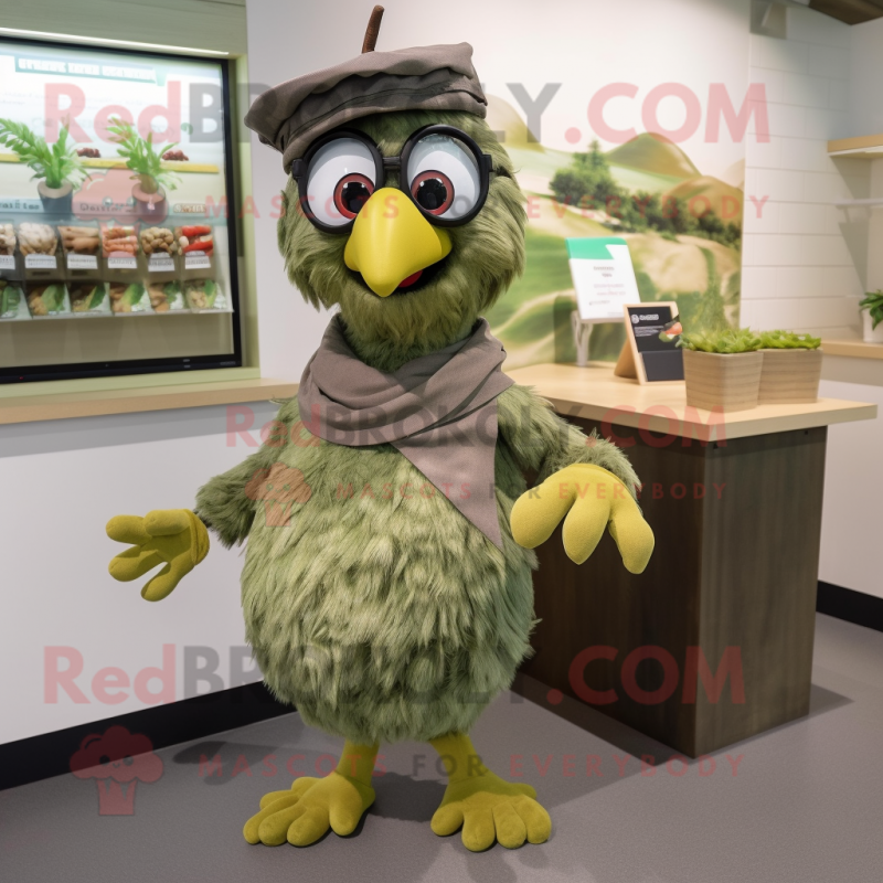 Olive Hens mascot costume character dressed with a Henley Shirt and Headbands Olive Hens mascot costume character dressed with a Henley Shirt and Headbands