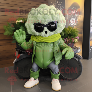 Olive Cauliflower mascot costume character dressed with a Moto Jacket and Shawls