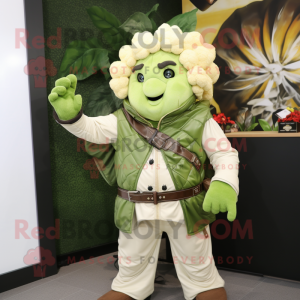 Olive Cauliflower mascot costume character dressed with a Moto Jacket and Shawls