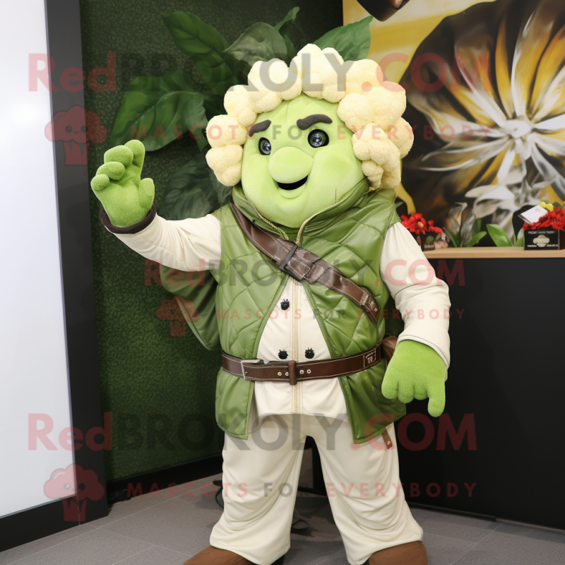 Olive Cauliflower mascot costume character dressed with a Moto Jacket and Shawls Olive Cauliflower mascot costume character dressed with a Moto Jacket and Shawls