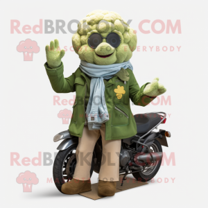 Olive Cauliflower mascot costume character dressed with a Moto Jacket and Shawls