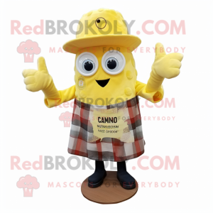 Lemon Yellow Fried Calamari mascot costume character dressed with a Flannel Shirt and Earrings