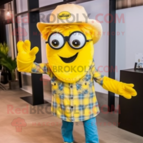 Lemon Yellow Fried Calamari mascot costume character dressed with a Flannel Shirt and Earrings