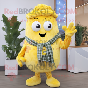 Lemon Yellow Fried Calamari mascot costume character dressed with a Flannel Shirt and Earrings