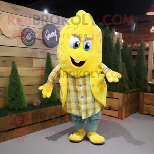 Lemon Yellow Fried Calamari mascot costume character dressed with a Flannel Shirt and Earrings