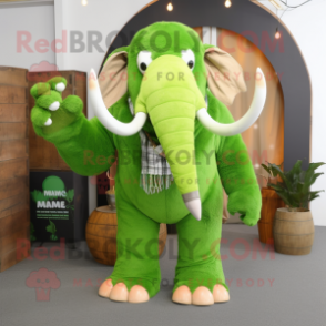 Lime Green Mammoth mascot costume character dressed with a Dungarees and Lapel pins