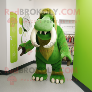 Lime Green Mammoth mascot costume character dressed with a Dungarees and Lapel pins