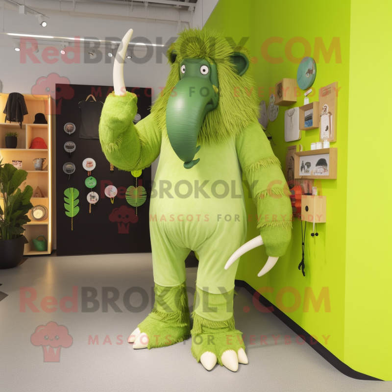 Lime Green Mammoth mascot costume character dressed with a Dungarees and Lapel pins