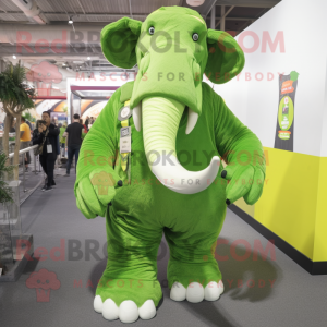 Lime Green Mammoth mascot costume character dressed with a Dungarees and Lapel pins